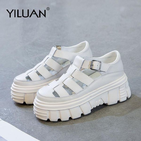 

sandals yiluan 2021 spring summer leather platform casual dad shoes student buckle strap woman sports wind size 40, Black