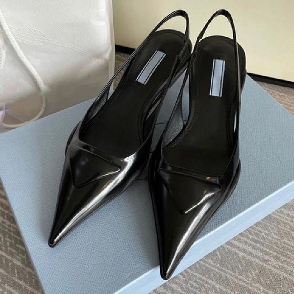 

sandals triangle decoration woman shoes pointed toe leather strange heels designer pumps party dress zapatos de mujer, Black