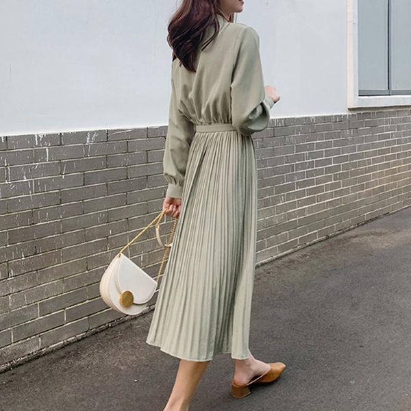 

casual dresses elegant lace up bow chiffon women long dress 2021 spring pleated sashes maxi evening party female slim vestidos, Black;gray