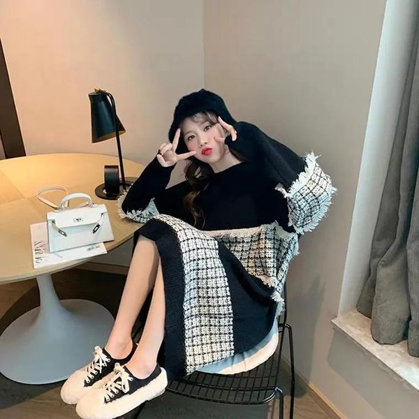 

casual dresses elegant check printing stitching knitted dress autumn winter o-neck long sleeve loose warm midi office streetwear, Black;gray