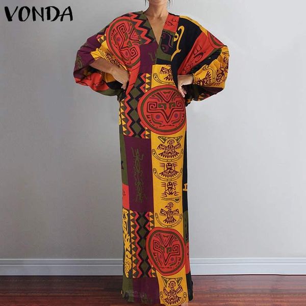 

casual dresses plus size women dress vintage printed vonda v neck long sleeve vestidos spring autumn bohemian party robe femme, Black;gray