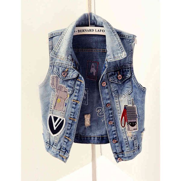

jackets women sleeveless denim vests jacket patch designs ripped holes turn down collar casual jean waistcoat rock punk street jc203, Black;brown