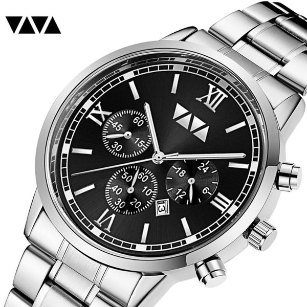 

wristwatches vava voom bussiness men watches luxury silver quartz wristwatch waterproof stainless steel strap calendar clock reloj hombre, Slivery;brown