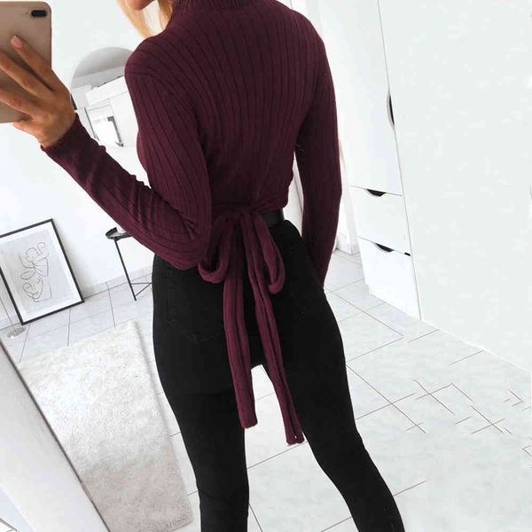 Sexy Turtleneck Back Bandage Cropped Blonded Sleeers Casual Manga Longa Tops Túnica Mulher Camisola Branco Vinho Vermelho Casual Inverno Roupas 210507