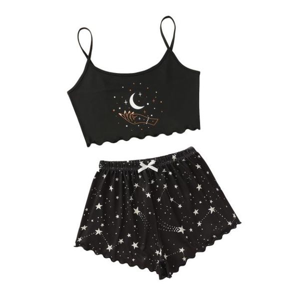 

women camisole shorts home wear star moon print short design elastic waist clothing for 2-piece outfit women's tracksuits, Gray