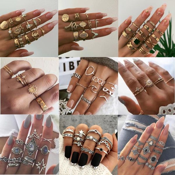 

cluster rings bohemian retro crystal flower leaves hollow lotus gem silver ring set women wedding anniversary gift, Golden;silver