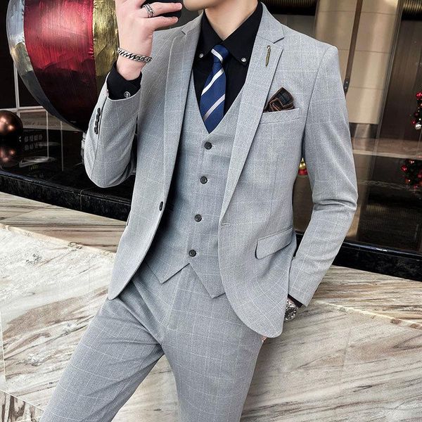 

men's suits & blazers men's suit grid one button slim fit wedding groomsmen man grey prom casual business party custom blazer vest, White;black