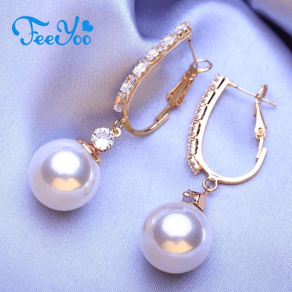

hoop & huggie feeyoo fashion korean oversized white pearl drop earrings for women bohemian round wedding jewelry gift, Golden;silver