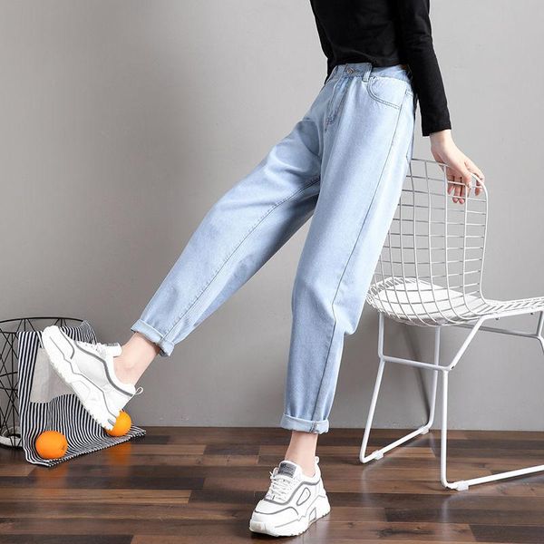 

women's jeans loose slim korean versatile street style harem pants women high waist plus size washed denim autumn winter, Blue