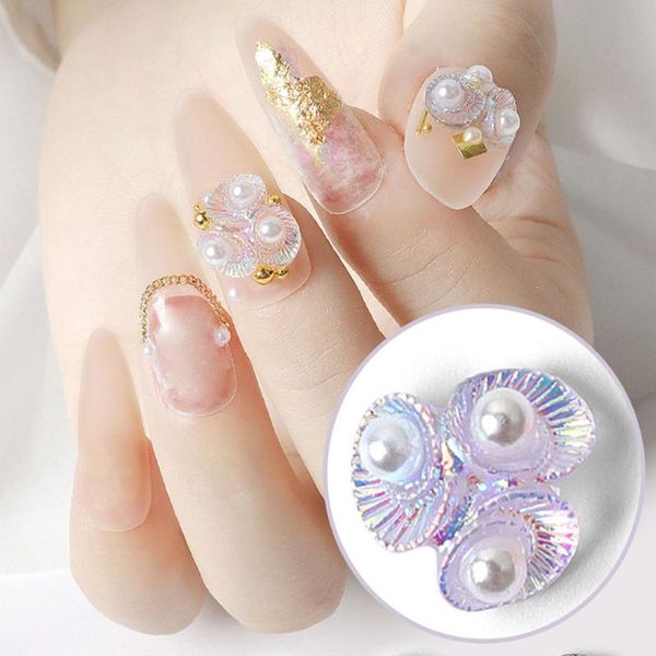 

nail art decorations 10pcs cute pearl flowers jewelry colorful laser shell ornament fashion diy, Silver;gold