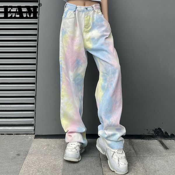 

[eam] tie dye buckle high waist wide leg denim jeans loose women full length trousers fashion spring summer 1dd7234 21512, Blue