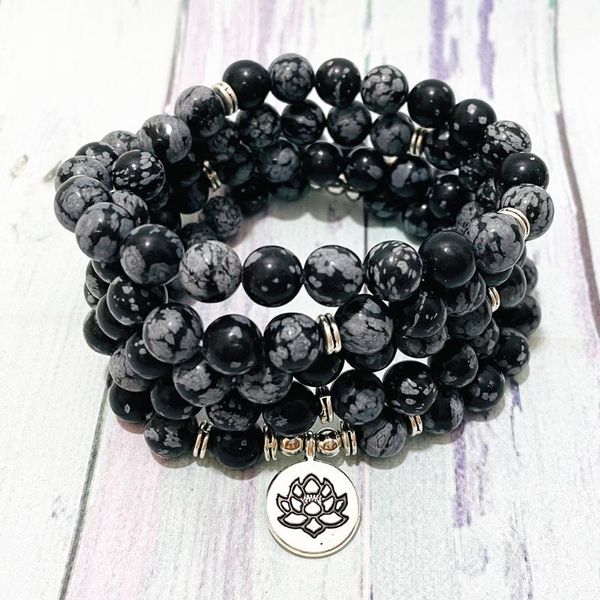 

link, chain sn1391 a grade snowflake jaspers 108 mala bracelet women`s lotus charm yoga beads meditation balance necklace, Black