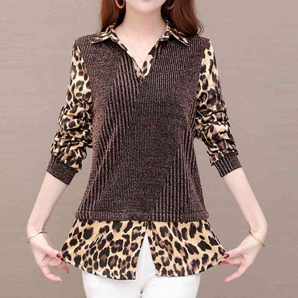 

korean fashion clothing plus-size stitching fake two-piece shirt women's blouse leopard middle-aged women 301j 210420, White