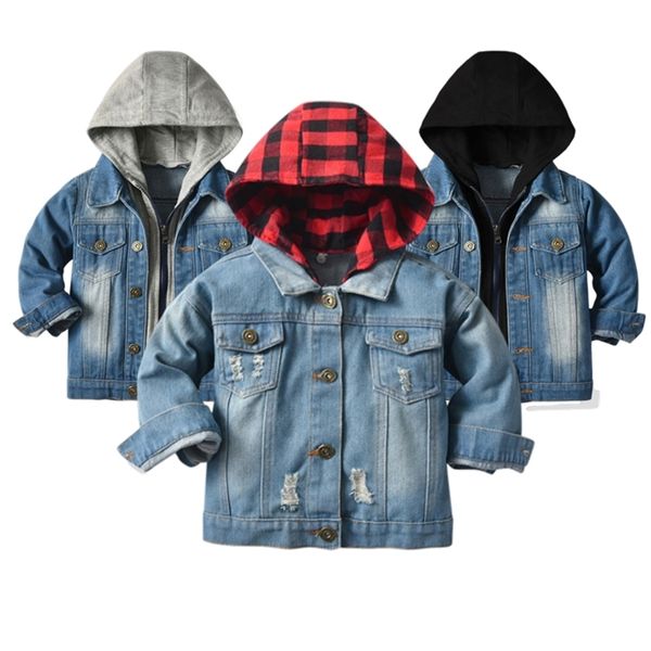 Crianças Primavera Outono Outerwear Meninos Meninas Rasgado Buracos Denim Hoodie Jackets Crianças Roupas de Esportes 7m-10T 211011