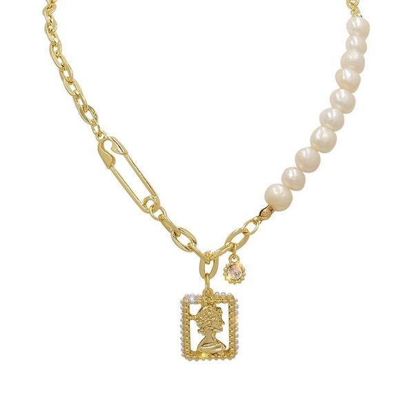 

chains u excellent jewelry retro freshwater pearl necklace ins cool wind pin hollowed out design avatar pendant chain female, Silver