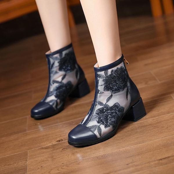 

boots large size embroidery ankle zip closure round toe genuine leather patchwork shoes women med heels pink silver blue gold, Black