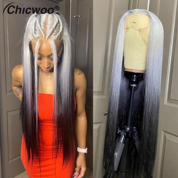 

straight transparent lace front wig ombre 613 human hair wigs brazilian silver grey colored remy frontal bleached knot, Black;brown