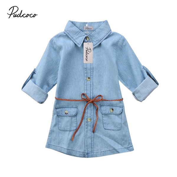 Brand new infantil criança crianças menina denim vestido jeans bolso manga longa t-shirt solta camisa mini vestido moda roupas 2-7t y0726