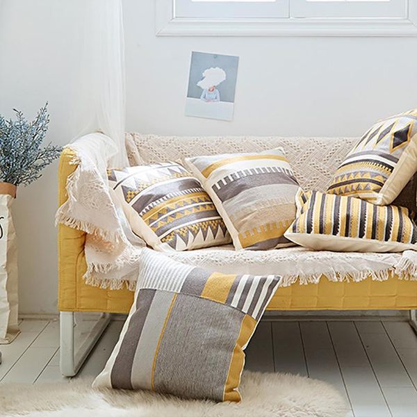 

cushion cover decorative pillow case modern simple geometric gray yellow line architecture art design housse de coussin cushion/decorative