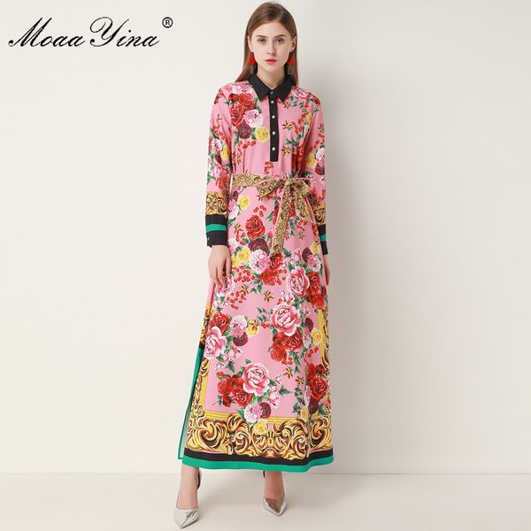 

fashion designer dress spring autumn women's dress long sleeve floral-print robe maxi dresses 210524, Black;gray