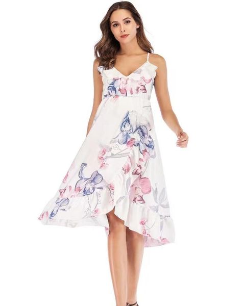 

european and american lotus leaf summer deep v sling irregular printing loose pregnant women dress ladies fashion skirt pw40 maternity dress, White