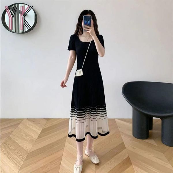 

casual dresses knitted mesh stitching striped dress spring autumn short sleeve stretch sukienka pleated korean elegant aesthetic bodycon, Black;gray