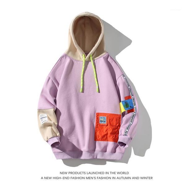 

men's hoodies & sweatshirts 2021 autumn spring purple white patchwork hip hop punk streetwear casual pullover, Black