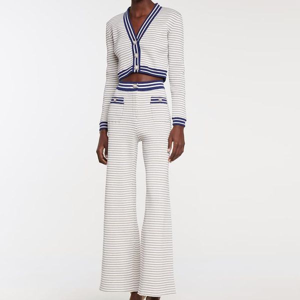 

women's two piece pants luxury button v-neck small short long sleeve knit + high waist striped sports suit two-piece set women fall clo, White