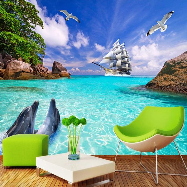 

wallpapers dropship custom mural wallpaper 3d stereo seaside dolphins landscape wall bedroom interior home decor paper 3 d