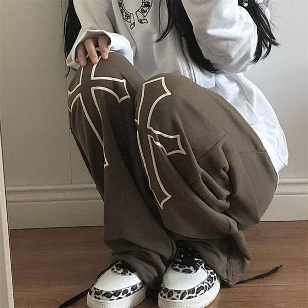 

women's pants & capris vintage sweatpant european american plus velvet keep warm autumn winter wide-leg men women loose grunge mopping, Black;white