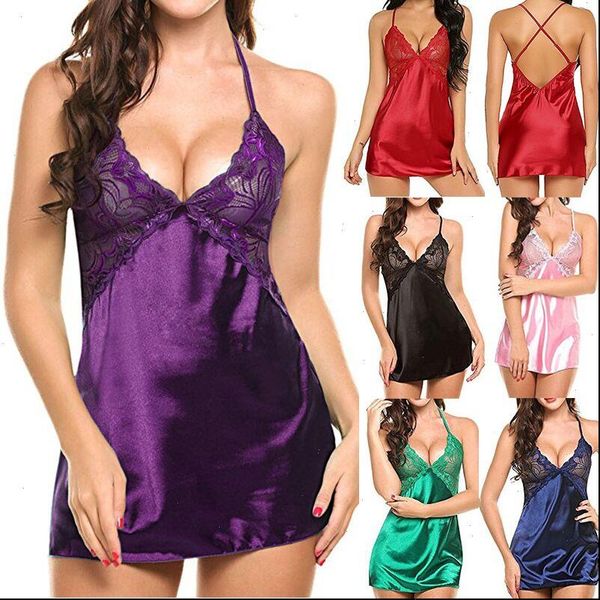 

plus size lingerie nightdress women sleepwear satin nightgown summer sleeveless backless v neck see through lace nightwear, Black;red