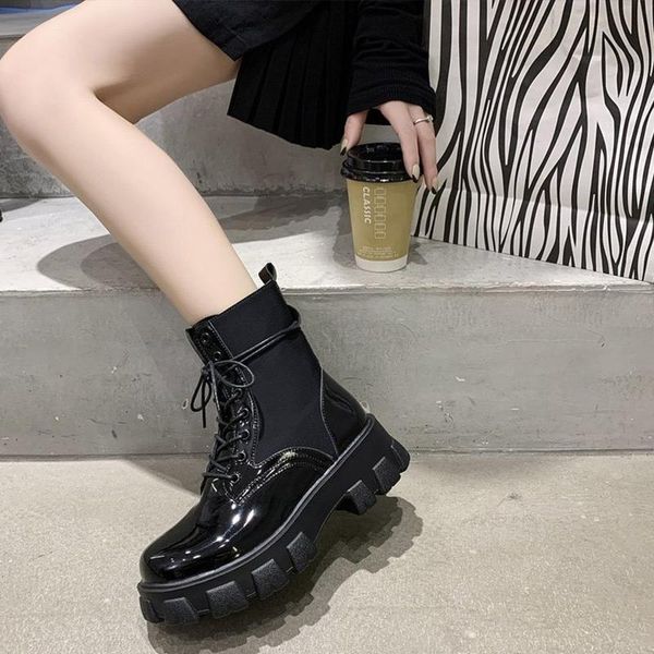 

boots women ankle ladies shoes thick bottom fashion female autumn woman patent footwear lace up motorcycle, Black