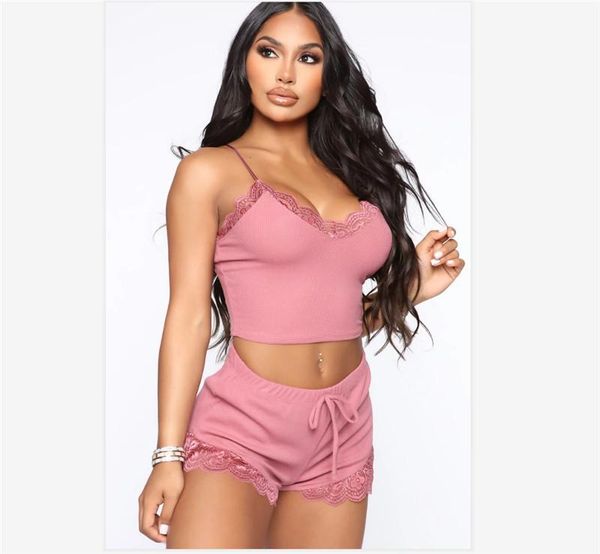 

summer lace pajama sets women crop camis shorts nightwear pyjamas casual solid lingerie homewear women's sleepwear, Black;red