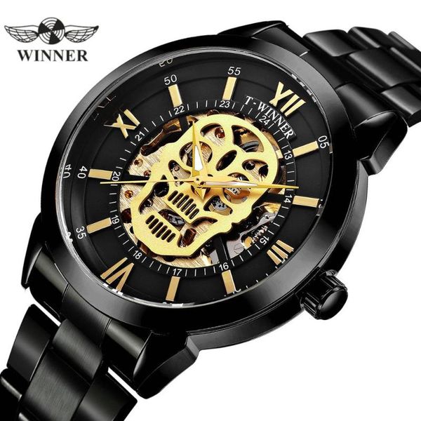 

wristwatches winner official punk skull watch men automatic mechanical wrist watches stainless steel strap casual sports clock, Slivery;brown