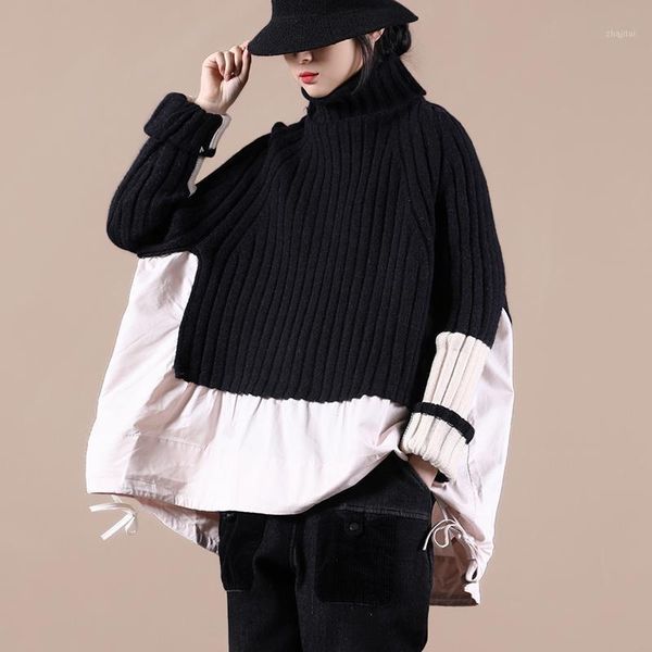 

johnature women vintage pullover sweaters patchwork knitted cotton 2021 autumn thick warm korean style turtleneck women's, White;black