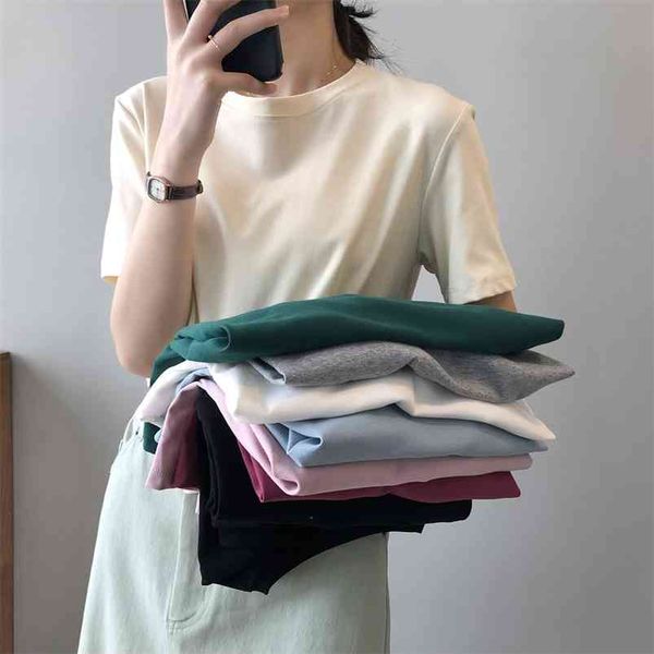 

summer cotton woman short sleeve t-shirts tee korean cute solid color 210421, White