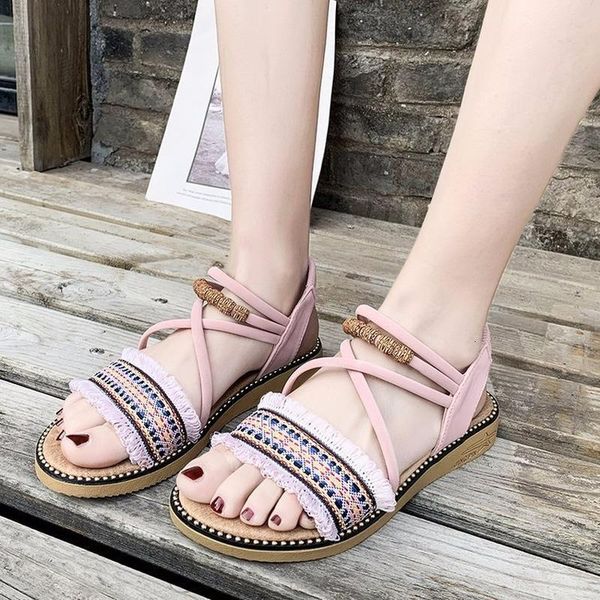 

sandals summer women shoes woman string bead rivet elastic band cloth flat platform low heels casual uc91, Black