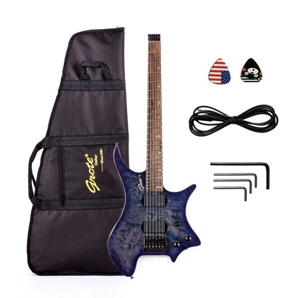 Custom 6 Strings Blue Spalted Maple Maple Chefless Guitarra Elétrica KD Patent Tremolo Bridge, hardware preto, roxo e castanho flama bordo ambos disponíveis, em estoque