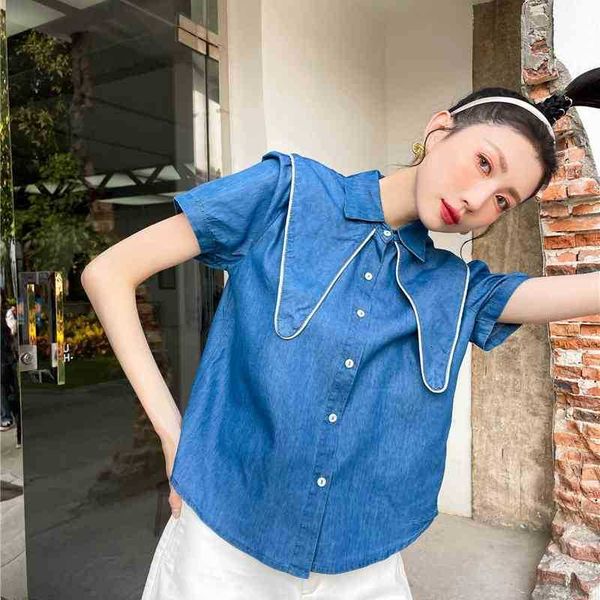 

women's two piece pants designer sailor collar blue shirts for women summer and blouses button up short sleeve korean sh 4jt3, White