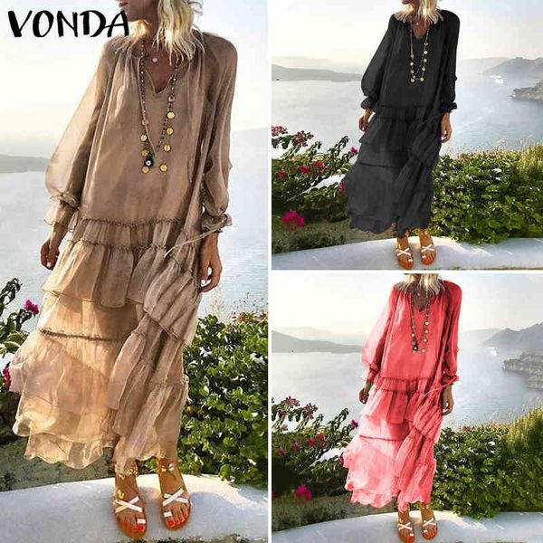 Beach Women Maxi Dress 2021 VONDA Bohemian Summer Sundress Pizzo Vestido Trasparente Casual Allentato Vintage Abito a strati Plus Size X0521