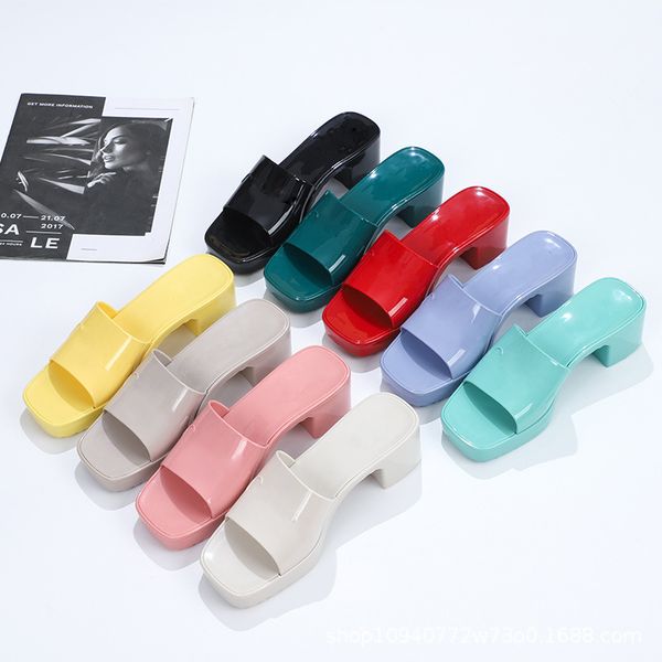 

woman slipper brand quality luxury designer sandals summer fashion jelly slide high heel slippers casual shoes womens leather alphabet cj, Black