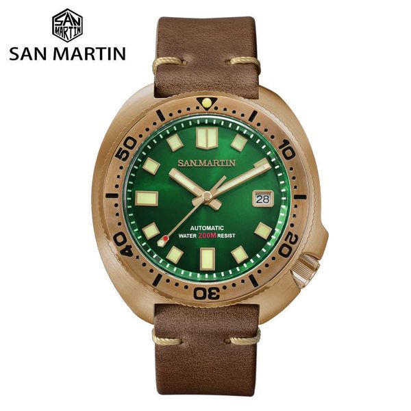 

san martin abalone bronze diver watches men mechanical watch luminous water resistant 200m leather strap stylish relojes 210728, Slivery;brown