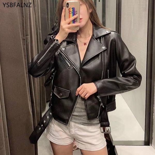 

women's leather & faux 2021 biker jacket fashion women spring autumn black female with belt bomber motorcycle coat korean outerwear