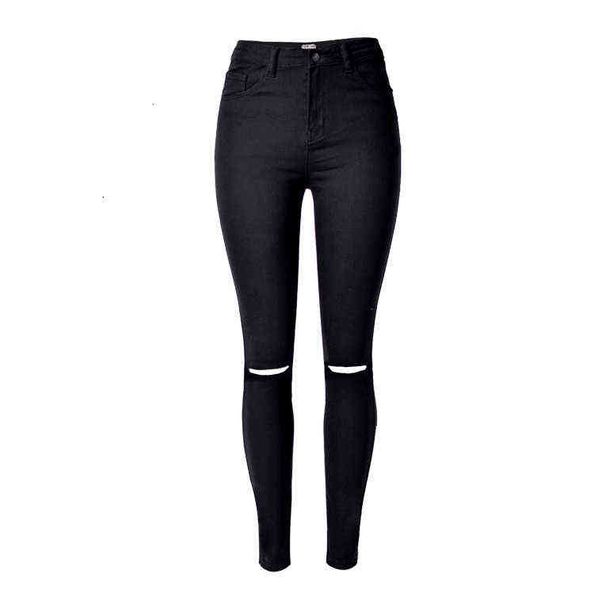 

high waist slim fit elastic denim knee hole leggings, Blue