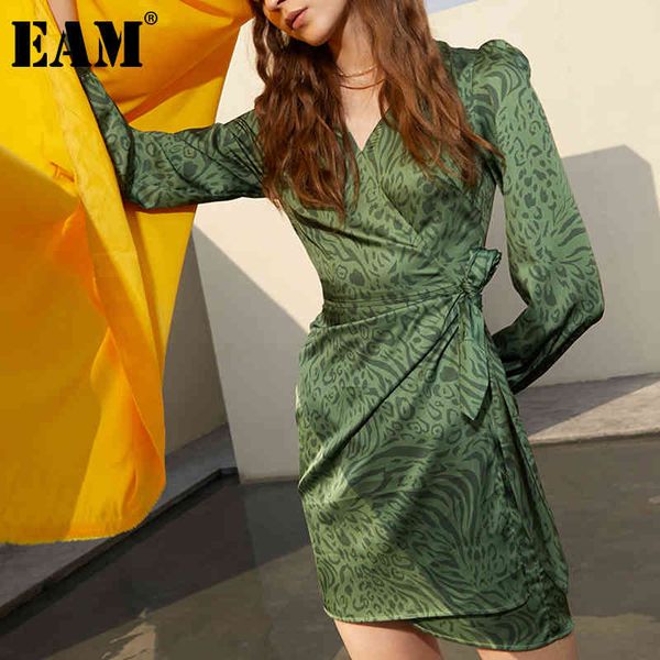 

[eam] women green sashes pleated print mini dress diagonal neck long sleeve loose fit fashion spring summer 1dd6179 21512, Black;gray