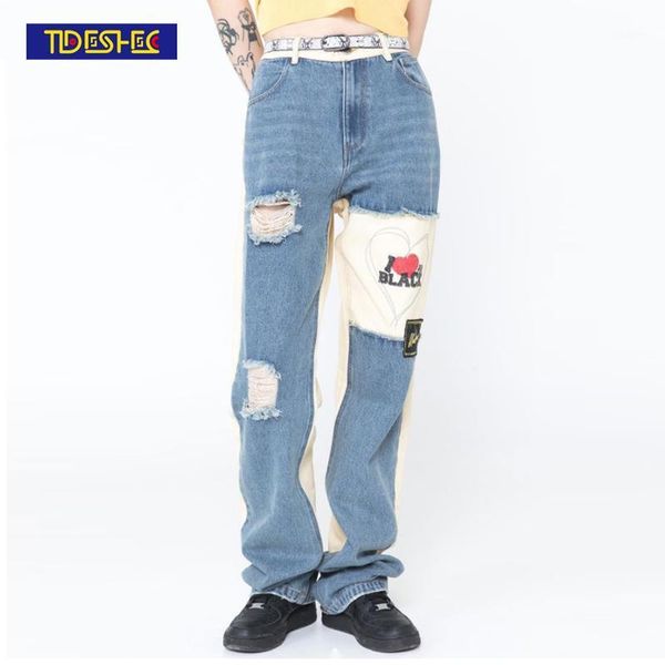 

men's jeans men pants stitching ripped letter print love pattern retro loose straight summer fashion clothing streetwear, Blue