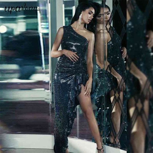 

irregular sequined dress one shoulder sleeveless draped bodycon ruffle club runway party 210524, Black;gray