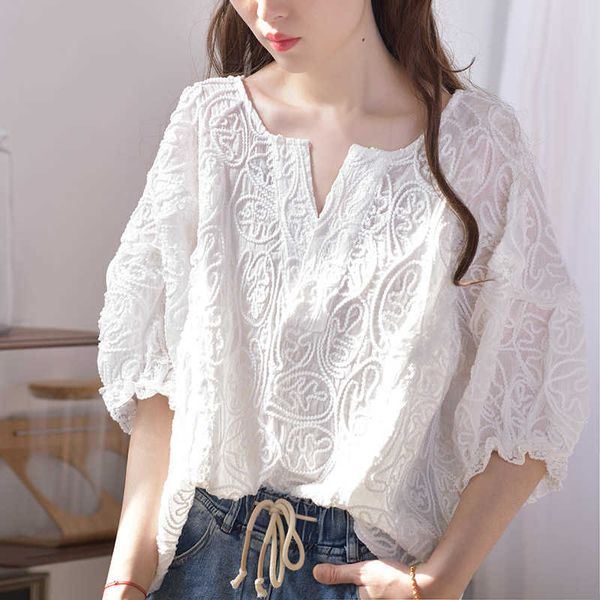 

summer short sleeve womens blouses and loose white lace patchwork shirt plus size 2xl women casual clothes v-neck 210601