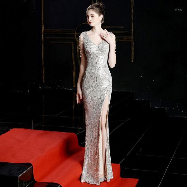 

party dresses v-neck sequined lace mermaid evening long prom dress high split ladies solid robes elegant formal gowns 20211, White;black