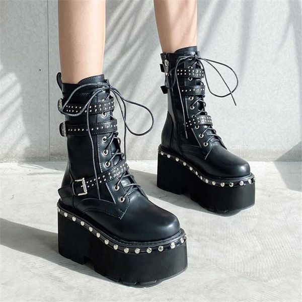 

buckle rivet studded combat motorcycle biker chunky block thick sole platform punk gothic boots women winter shoes 2021, Black